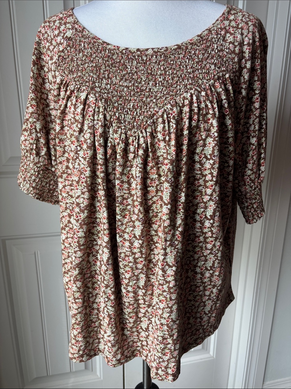 Lucky Brand Brown Floral Smocked Yoke Tunic